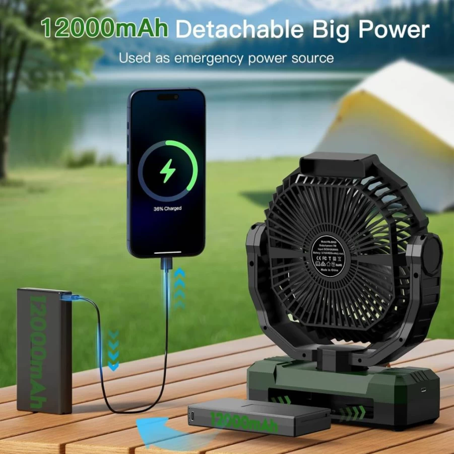 FRIZCOL Portable Camping Fan with Light - 3-in-1 Rechargeable Battery Powered Fan (24000mAh, 140Hrs) for Indoor, Outdoor, Tent, Travel, BBQ, Fishing - Includes Remote Control - Green