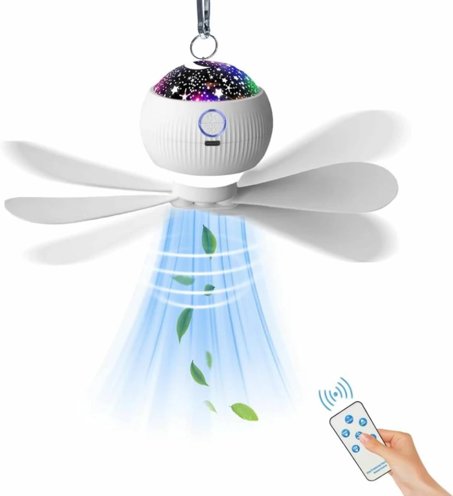 ONXE Portable Ceiling Fan with LED Lights, Starry Night Projection, Remote Control, 3600mAh Battery, and Timer - Ideal for Camping, RV, Tent, and Car Use (Fits 1-2 People)