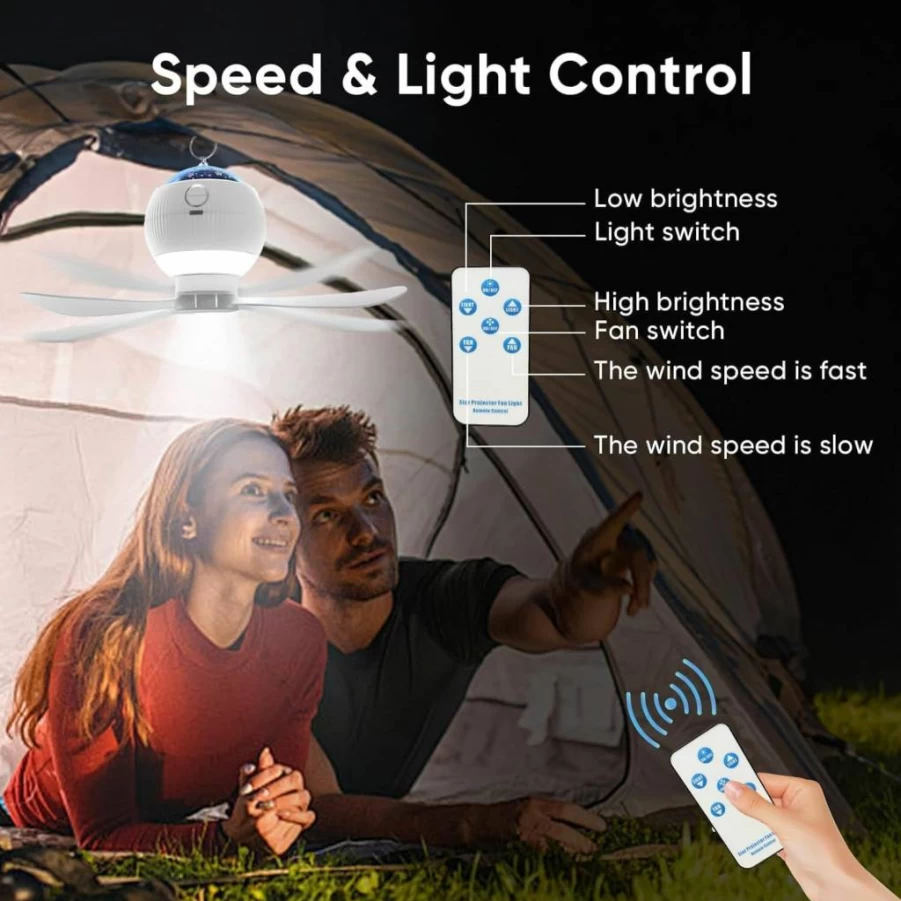 ONXE Portable Ceiling Fan with LED Lights, Starry Night Projection, Remote Control, 3600mAh Battery, and Timer - Ideal for Camping, RV, Tent, and Car Use (Fits 1-2 People)