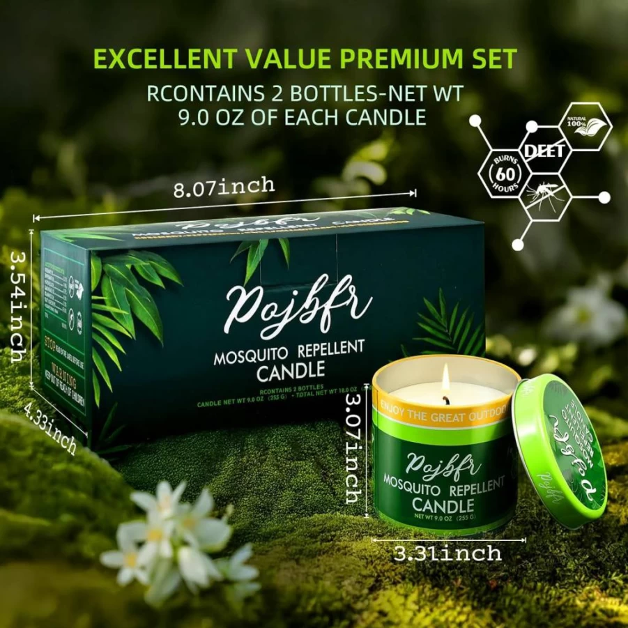 POJBFR 2-Pack Citronella Candles for Outdoor Mosquito Repellent, 9oz Large DEET-Free Bug Control with Essential Oils, 30-Hour Burn Time for Patio, Backyard, Camping