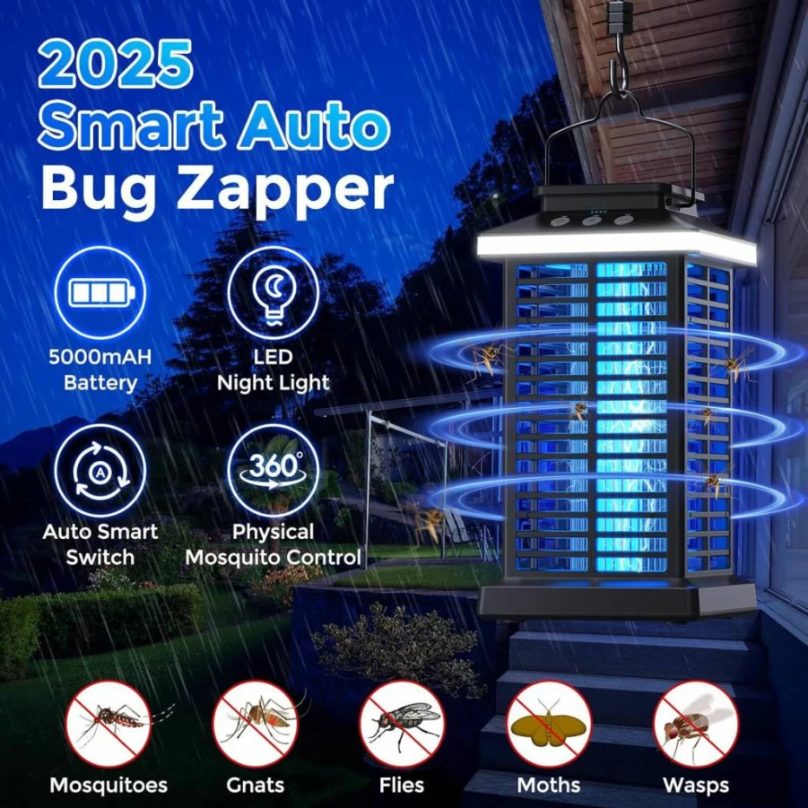 KOOSA 2025 Upgraded Rechargeable Outdoor Bug Zapper with 5000mAh Battery, 4000V Electric Mosquito Killer, LED Night Light for Patio, Backyard, Garden (Black)