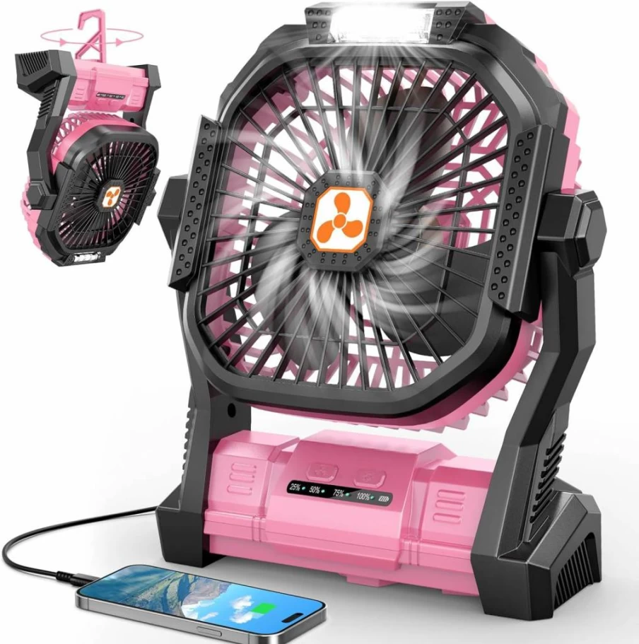 Peouix 20000mAh Portable Rechargeable Fan with LED Lantern - USB Powered Cordless Camping Tent Fan for Outdoor Travel, Fishing, Office, and Home Use