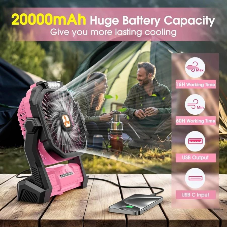 Peouix 20000mAh Portable Rechargeable Fan with LED Lantern - USB Powered Cordless Camping Tent Fan for Outdoor Travel, Fishing, Office, and Home Use