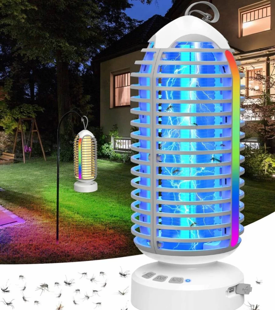 Zechuan Rechargeable Bug Zapper Outdoor - 4000mAh Cordless Mosquito Trap with Auto-Sensing Technology, Colorful Night Lighting for Camping, Patio, Garden (White)