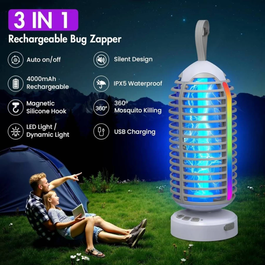 Zechuan Rechargeable Bug Zapper Outdoor - 4000mAh Cordless Mosquito Trap with Auto-Sensing Technology, Colorful Night Lighting for Camping, Patio, Garden (White)