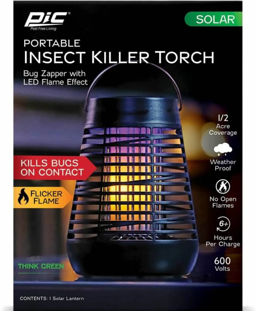 PIC Portable Solar-Powered Bug Zapper Torch - Outdoor Insect Killer with Flame Effect Light for Mosquitoes and Flies