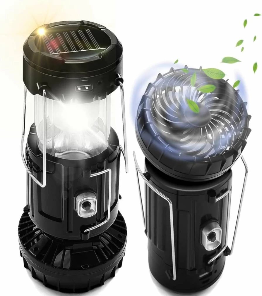 DIBMS 2-Pack Solar Camping Fan with Lantern - Collapsible, USB Rechargeable, Battery Powered for Emergency, Outdoor, Indoor, Hurricanes, Power Outages, Camping Tent
