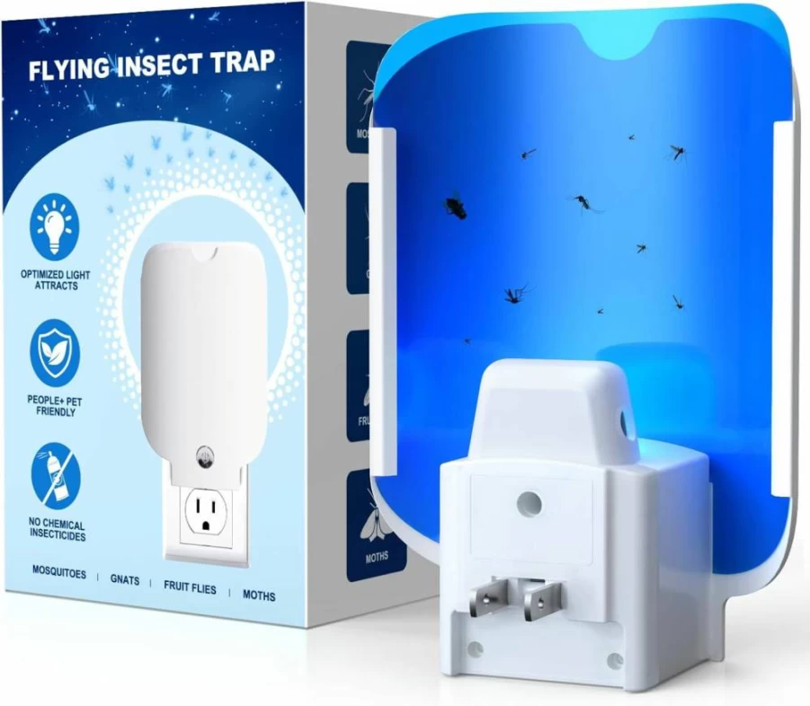 ZEVQI POWER Electric Flying Insect Trap - Indoor Mosquito Killer with Sticky Glue Boards, Fruit Fly & Bug Catcher, Safe UV Light Attractant, Includes 1 Device + 5 Refills (White)