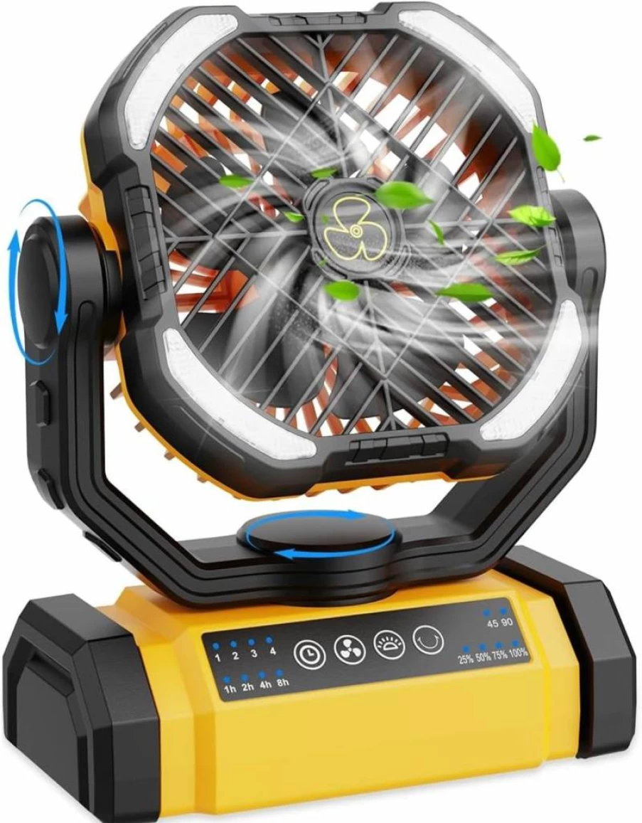 UUYEE Rechargeable Camping Fan with 90° Oscillation, 270° Pivot, 4-Speed, LED Lantern & Hanging Hook, Portable Battery Powered Fan for Tent, Travel, Outdoor