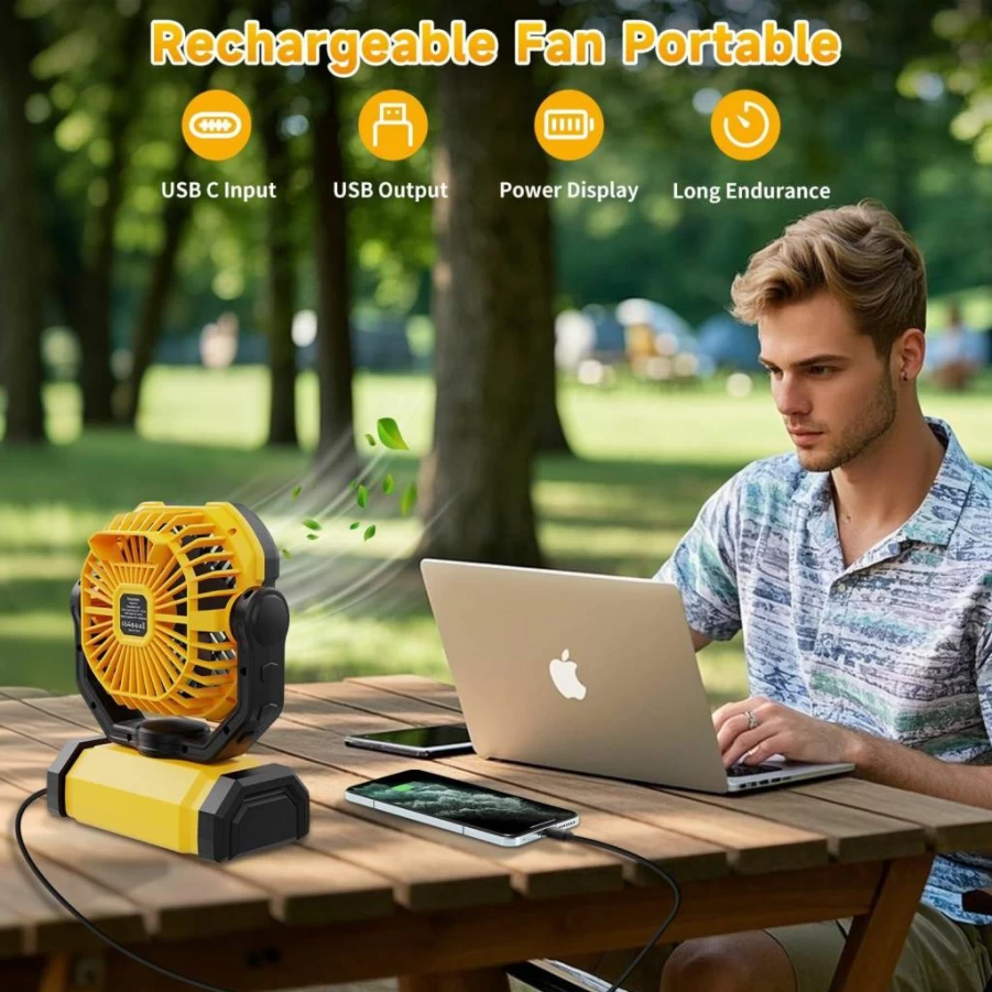 UUYEE Rechargeable Camping Fan with 90° Oscillation, 270° Pivot, 4-Speed, LED Lantern & Hanging Hook, Portable Battery Powered Fan for Tent, Travel, Outdoor
