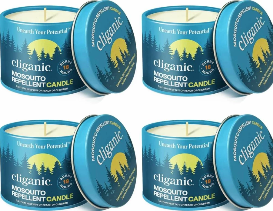 Cliganic 4-Pack Citronella Mosquito Repellent Candles | DEET-Free, Essential Oil Infused, 18-Hour Burn Time for Outdoor & Camping