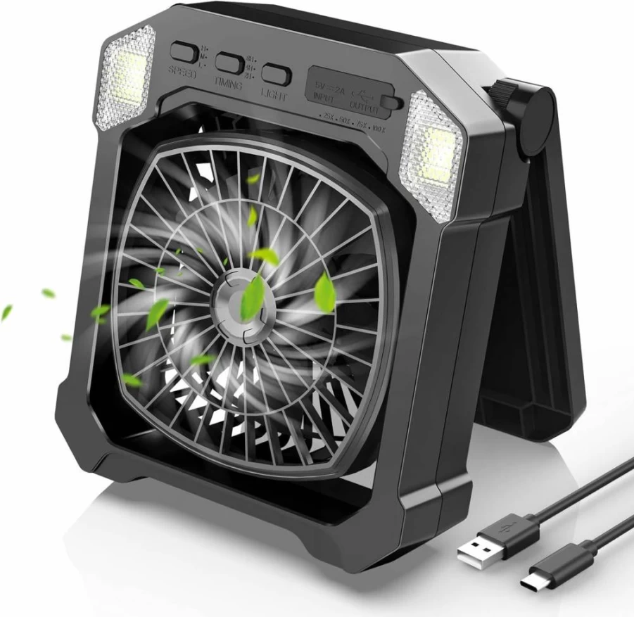 DESHMAO Solar Camping Fan with 10000mAh Battery, USB Rechargeable Portable Fan with Light for Tent, RV, Emergency, Hiking, Power Outage, Greenhouse & Outdoor Use