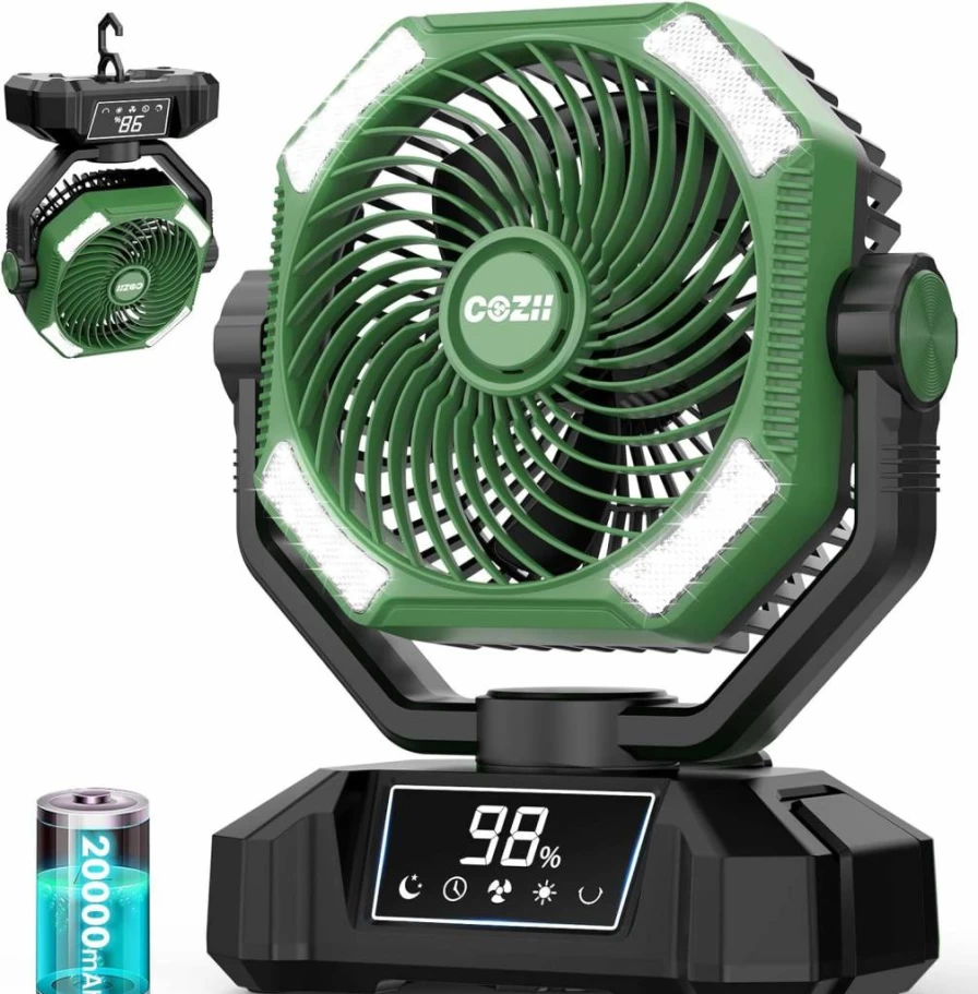 COZII Rechargeable Camping Fan with 20000mAh Battery, 5 Speed Oscillating Portable Fan, USB Powered Touch Screen Desk Fan, 3-Color LED Lantern for Indoor Outdoor Travel Tent Beach