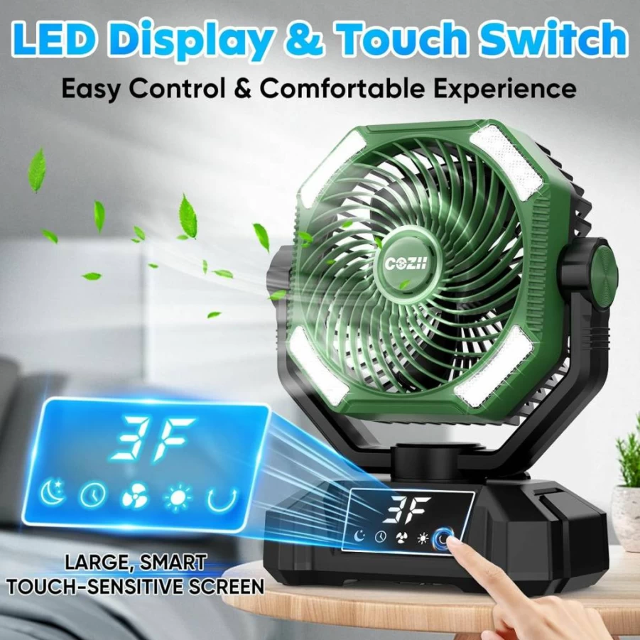 COZII Rechargeable Camping Fan with 20000mAh Battery, 5 Speed Oscillating Portable Fan, USB Powered Touch Screen Desk Fan, 3-Color LED Lantern for Indoor Outdoor Travel Tent Beach