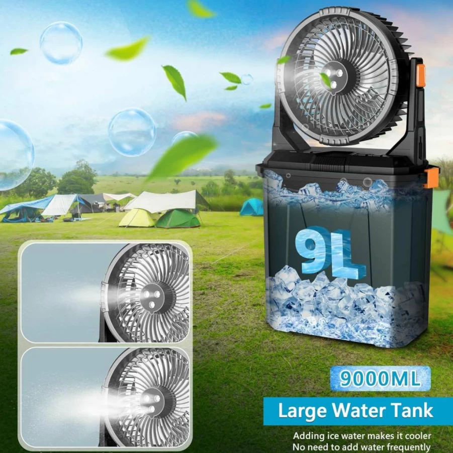 GHORA 9L Portable Misting Fan with 20000mAh Battery, 4 Speed Outdoor Cooling Fan with Remote, LED, and 4 Spray Modes for Camping, Patio, and Home Use