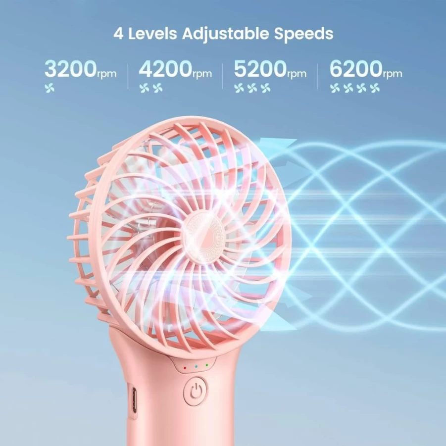 Zkidour Portable Handheld Fan 2024 - USB Rechargeable Mini Desk Fan with 4 Speeds, 20Hrs Battery Life, Strong Cooling for Women Kids Travel Office Outdoor, Pink