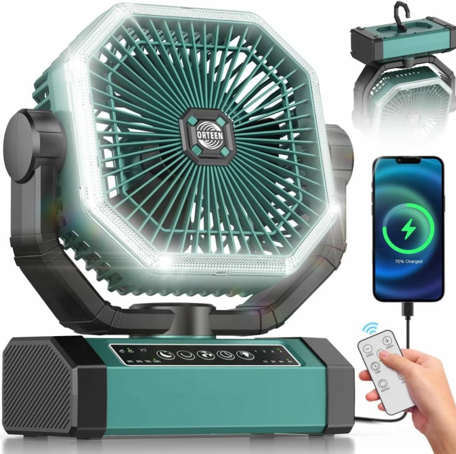 Orteen 9-Inch Portable Rechargeable Camping Fan with 20000mAh Battery, 60Hrs Runtime, Remote Control, LED Light, 4 Speeds & Auto Oscillation for Tent, Outdoor, Indoor Use