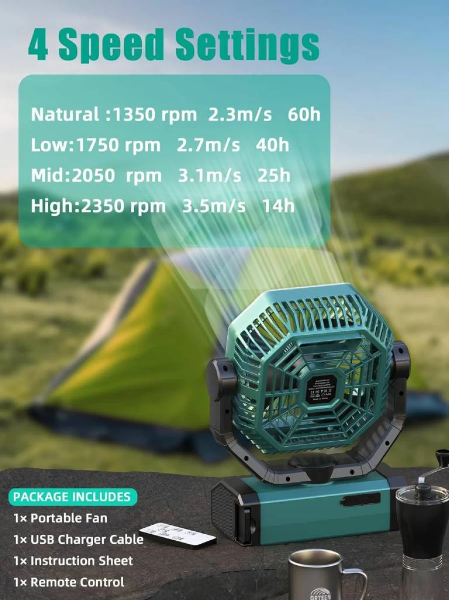 Orteen 9-Inch Portable Rechargeable Camping Fan with 20000mAh Battery, 60Hrs Runtime, Remote Control, LED Light, 4 Speeds & Auto Oscillation for Tent, Outdoor, Indoor Use