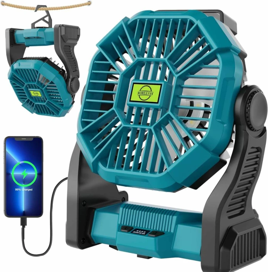 TDLOL Portable Rechargeable Battery Operated Fan with 270° Pivot, LED Light & Hook for Camping, Tent, Travel, Outdoor USB Personal Cooling Fan
