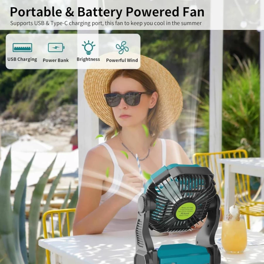 TDLOL Portable Rechargeable Battery Operated Fan with 270° Pivot, LED Light & Hook for Camping, Tent, Travel, Outdoor USB Personal Cooling Fan