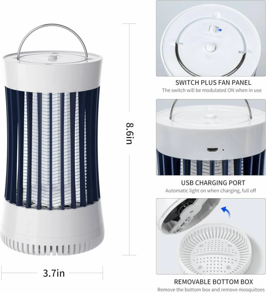 Phosooy 2-in-1 Rechargeable Indoor Bug Zapper with 1500V High Voltage, UV Light & Fan for Mosquitoes, Flies, Moths, Gnats - Portable Hanging Electric Insect Killer (White)