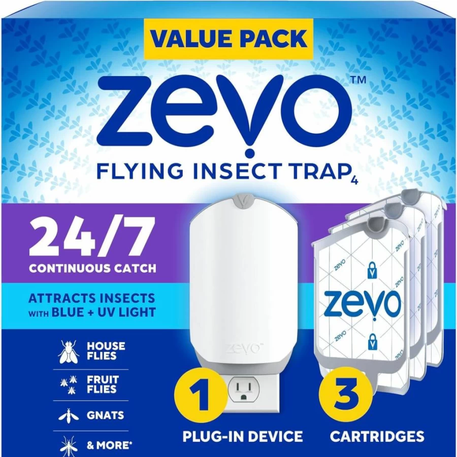 ZEVO Plug-In Flying Insect Trap with UV & Blue Light - Indoor Bug Catcher for Gnats, Fruit Flies, House Flies - Mess-Free, Easy-Use Cartridge - 1 Device & 1 Refill Included