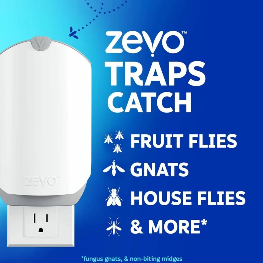 ZEVO Plug-In Flying Insect Trap with UV & Blue Light - Indoor Bug Catcher for Gnats, Fruit Flies, House Flies - Mess-Free, Easy-Use Cartridge - 1 Device & 1 Refill Included