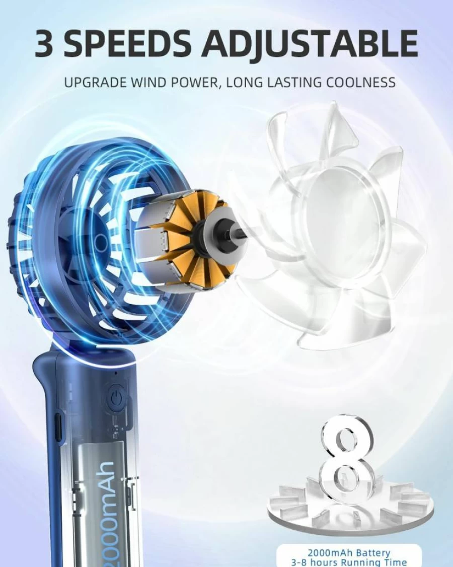 FrSara Blue Portable Handheld Fan - 2000mAh Rechargeable Battery, 3 Speed Settings, Ultra-Quiet Mini Desk Fan for Home Office Travel