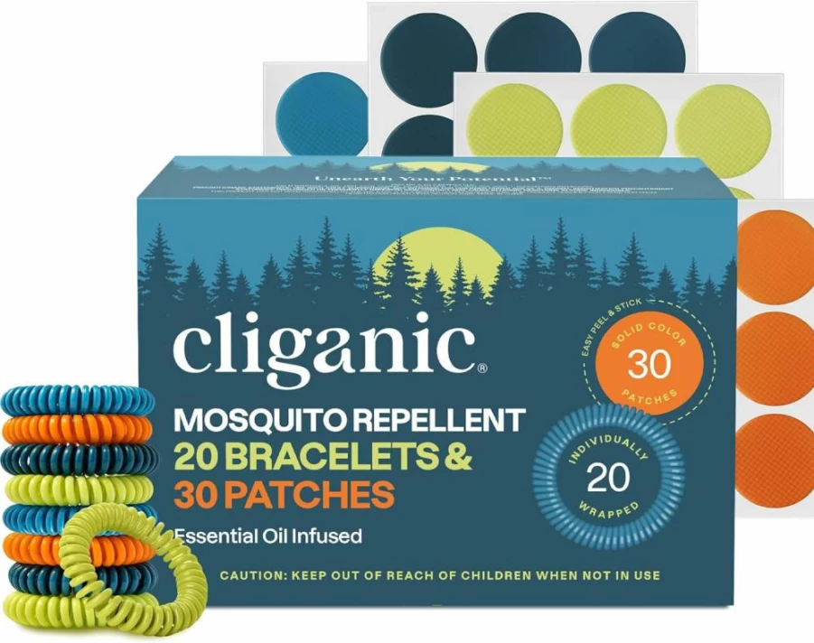 Cliganic Natural Mosquito Repellent Bracelets & Stickers Set - DEET-Free, Essential Oil Infused for Kids & Adults (20 Bracelets + 30 Stickers)