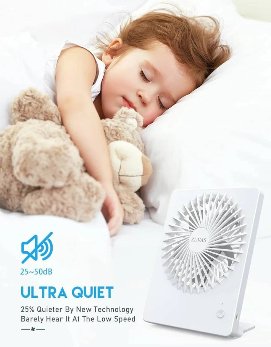 Zuvas Portable Desk Fan - USB Rechargeable, 3 Speed Adjustable, Ultra Quiet, 180° Tilt, Folding Design for Office, Home, Bedroom, Camping (White)