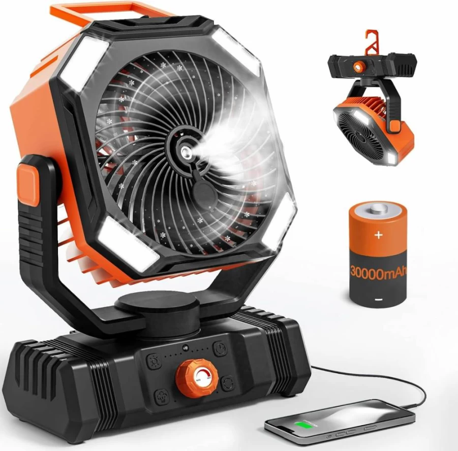 AIEPOCH 30000mAh Portable Camping Fan with Misting Function - Rechargeable Outdoor Tent Fan for Beach, Glamping & Travel - Battery Operated Air Circulator for Camp Essentials