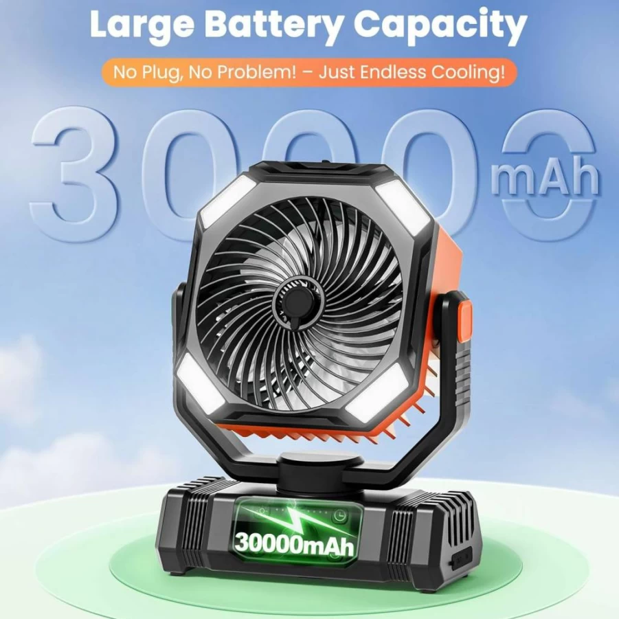 AIEPOCH 30000mAh Portable Camping Fan with Misting Function - Rechargeable Outdoor Tent Fan for Beach, Glamping & Travel - Battery Operated Air Circulator for Camp Essentials