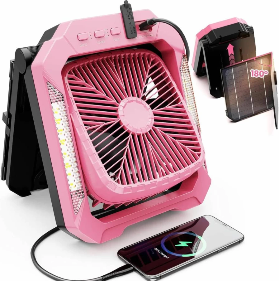 Qardoz 26800mAh Portable Camping Fan with Detachable 18W Solar Panel, USB-C Rechargeable, 3 Speeds, Timer, LED Lantern, Quiet Battery Operated Fan for Tent, Bedroom, Office, Hurricane Emergency (Green)