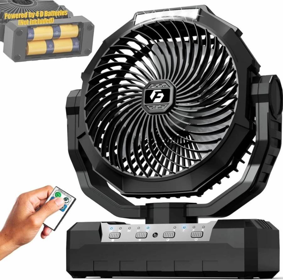 Wavmill Portable Camping Fan - 2-in-1 USB & D-Cell Battery Powered, 4 Speed Settings, Built-in Light, Timer, Remote Control for Outdoor, Tent, Office, Travel, 200 Hours Runtime - Black