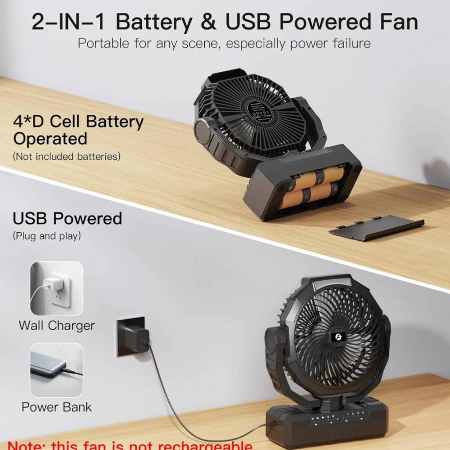 Wavmill Portable Camping Fan - 2-in-1 USB & D-Cell Battery Powered, 4 Speed Settings, Built-in Light, Timer, Remote Control for Outdoor, Tent, Office, Travel, 200 Hours Runtime - Black