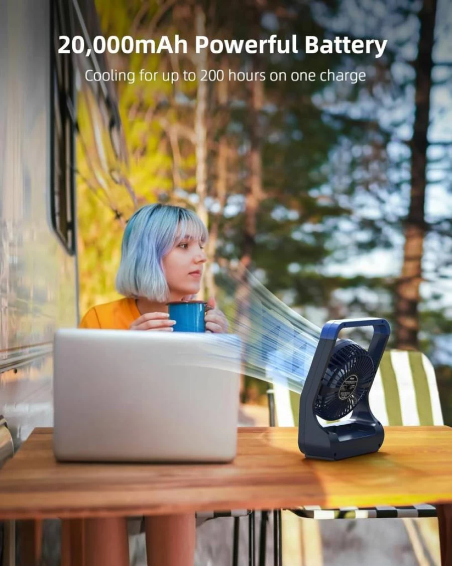 SLENPET 8 Inch Portable Clip On Fan with 20000mAh Rechargeable Battery, 78 Hours Runtime, 4 Speed Settings, Built-in Light & Hook for Camping, Golf Cart, Stroller, Outdoor Use