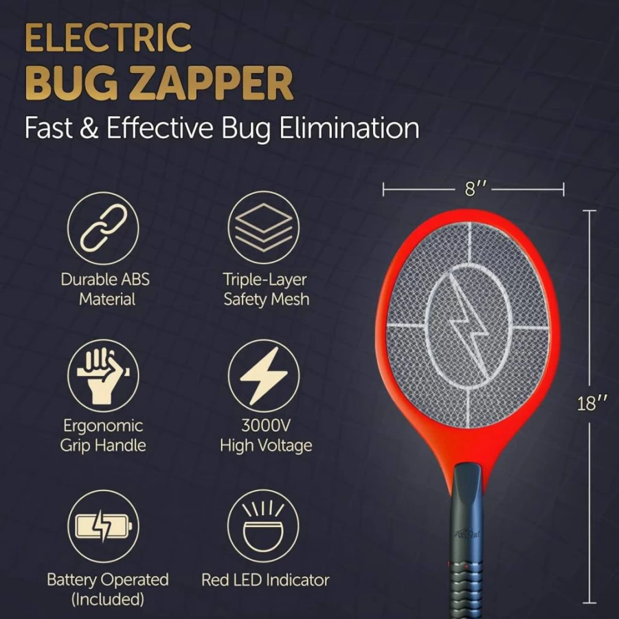 ASISNAI Electric Bug Zapper Racket - Portable Mosquito & Fly Swatter for Indoor Outdoor Use - High Voltage Insect Killer - Lightweight Battery-Operated Tennis Racket Design - Black Mamba Bug Zapper
