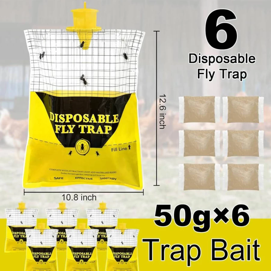 Glovv 4-Pack Large Outdoor Fly Traps, 10.8x12.6 Inch Disposable Hanging Fly Catchers with Bait for Patio, Barn, Farm, Stable & Ranch - Effective Mosquito & Bug Control