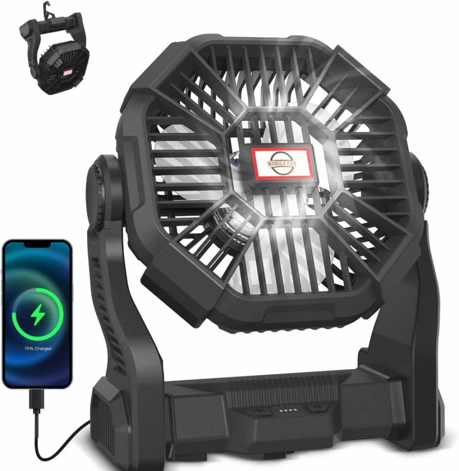 Wivflow Portable Camping Fan with LED Light - 20000mAh Rechargeable Battery, Adjustable Speed & Brightness, Hanging/Handheld Design for Camping, Hiking, Fishing, Travel & Home Use (Purple)