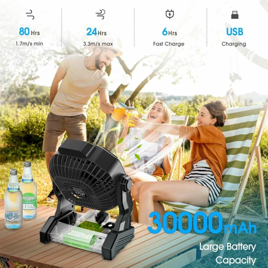 JINLICTE 9-Inch Rechargeable Camping Fan with LED Lantern, 36-Hour Portable Battery Operated Fan, Adjustable Stepless Speed, Ultra-Quiet for Outdoor, Tent, Travel, Home, and BBQ