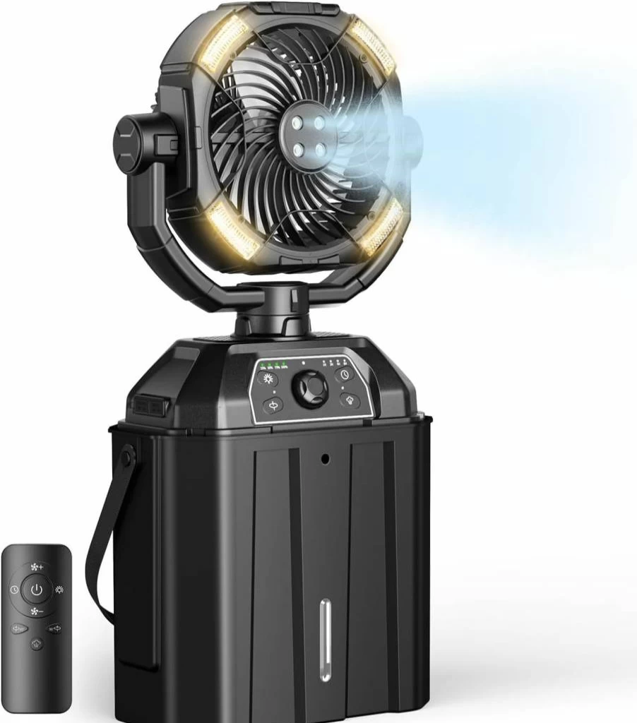 XAP 9-Inch Portable Rechargeable Misting Fan with 25000mAh Power Bank, Auto Swivel Cooling Fan for Outdoor, Camping, Beach, Patio, and Golf, 7L Water Bucket, 4 Mist Levels