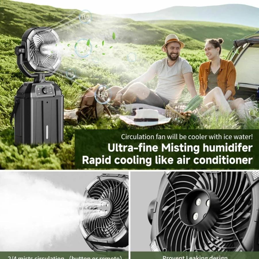 XAP 9-Inch Portable Rechargeable Misting Fan with 25000mAh Power Bank, Auto Swivel Cooling Fan for Outdoor, Camping, Beach, Patio, and Golf, 7L Water Bucket, 4 Mist Levels