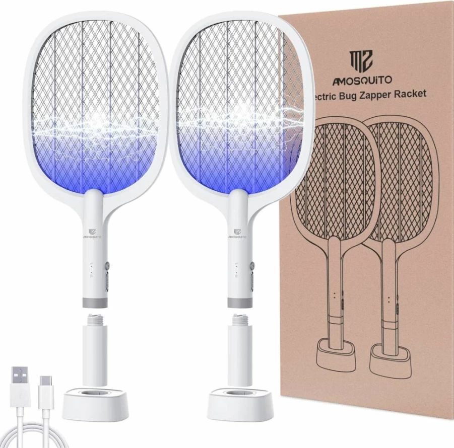 Amosquito Rechargeable Electric Bug Zapper Racket - 2000mAh Mosquito & Fly Swatter for Indoor/Outdoor Use - 2 Pack Insect Killer
