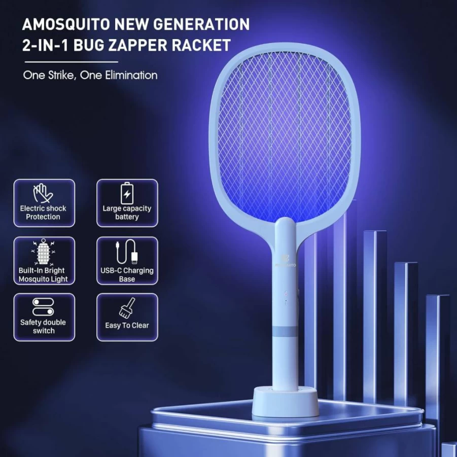 Amosquito Rechargeable Electric Bug Zapper Racket - 2000mAh Mosquito & Fly Swatter for Indoor/Outdoor Use - 2 Pack Insect Killer