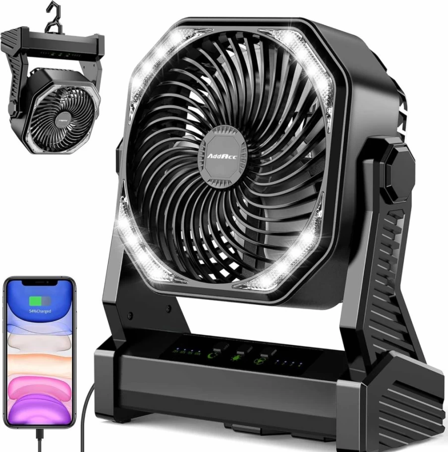 AddAcc 20000mAh Portable Camping Fan with LED Light, 360° Rotatable Hook, 4 Speed Settings, 58H Runtime for Outdoor, Tent, Car, BBQ, and Power Outages