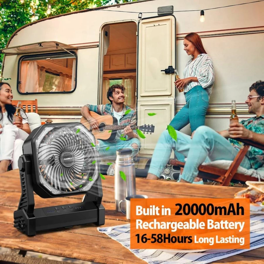 AddAcc 20000mAh Portable Camping Fan with LED Light, 360° Rotatable Hook, 4 Speed Settings, 58H Runtime for Outdoor, Tent, Car, BBQ, and Power Outages