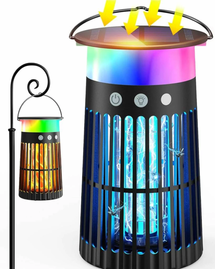 Jepwe Solar-Powered Mosquito Zapper - 4200V Electric Insect Killer with Flame & RGB Light, IPX5 Waterproof for Indoor/Outdoor Use in Garden, Patio, Backyard, Home