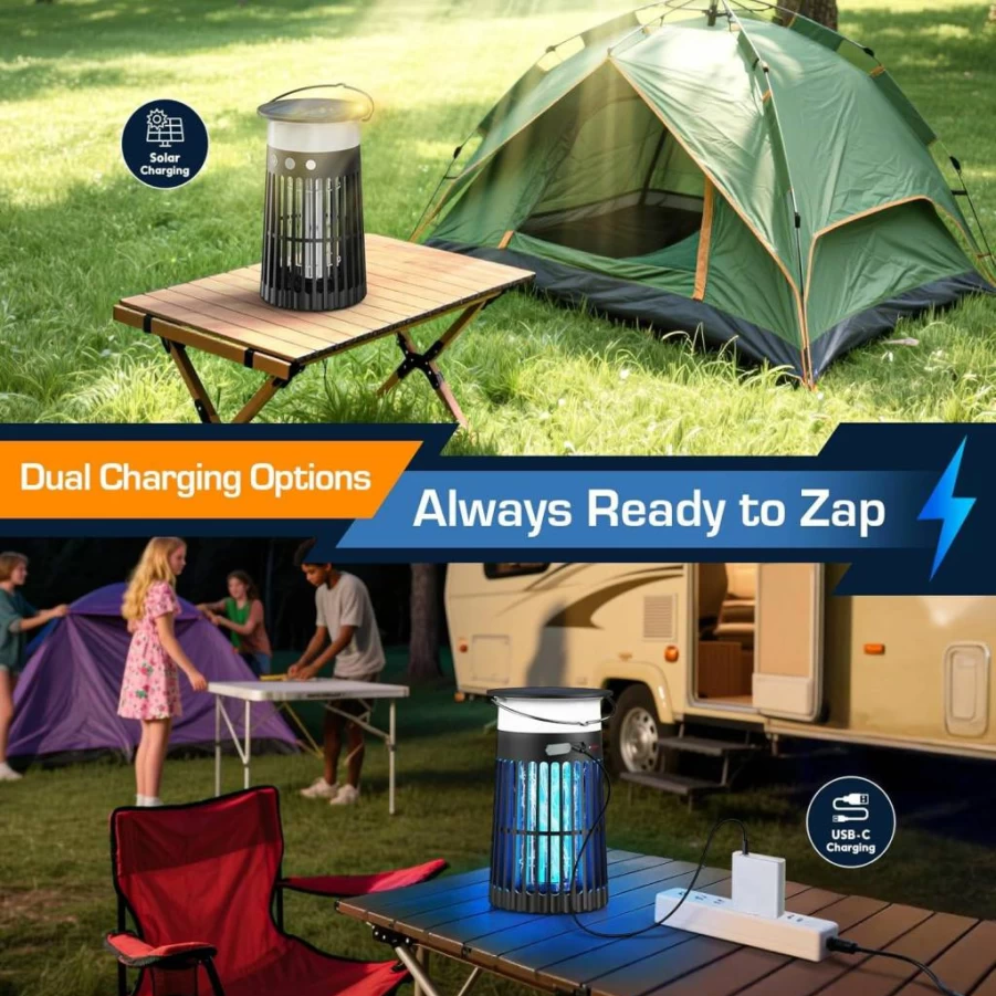 Jepwe Solar-Powered Mosquito Zapper - 4200V Electric Insect Killer with Flame & RGB Light, IPX5 Waterproof for Indoor/Outdoor Use in Garden, Patio, Backyard, Home