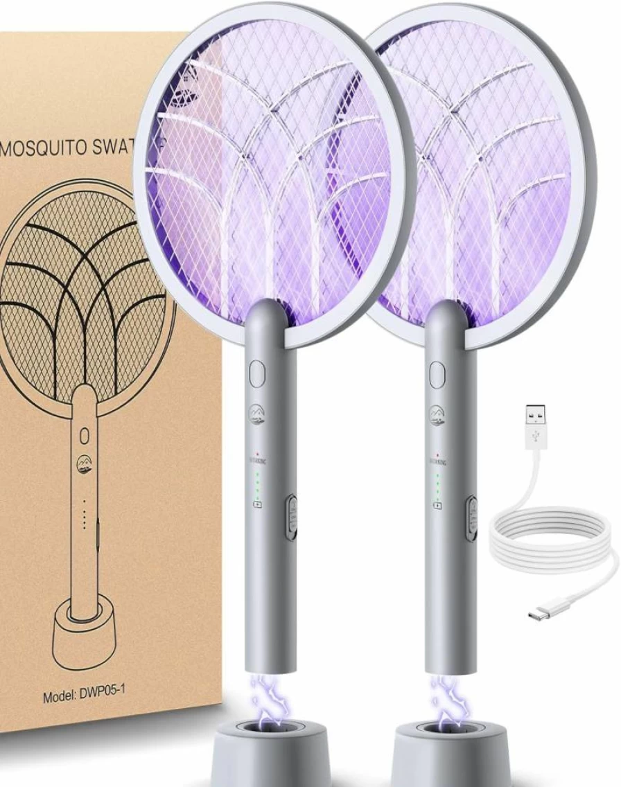 Mosiller 2-in-1 Electric Fly Swatter & USB Rechargeable Bug Zapper - Portable Mosquito Killer Lamp for Home, Bedroom, Outdoor (Light Grey)