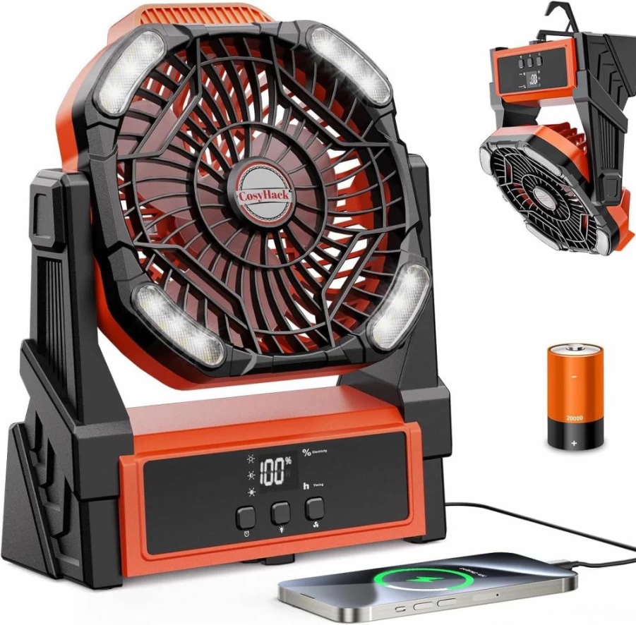 CosyHack Portable Camping Fan with LED Light - 20000mAh Rechargeable Battery, 4 Speed Settings, Adjustable Brightness for Outdoor, Beach, Tent, Home, and Office Use